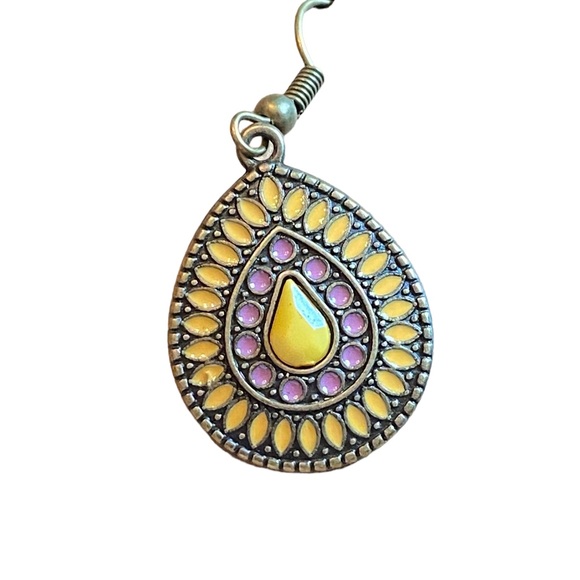 Boho Style Antique Gold Yellow and Purple  Teardrop Drop Earrings - Picture 3 of 4